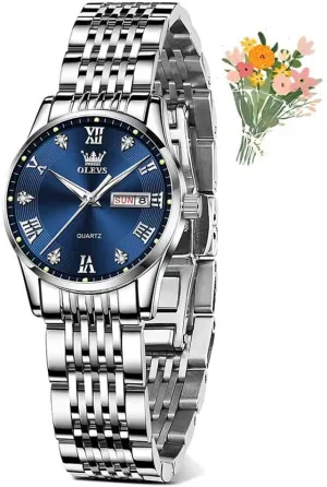 Fashion Simple Ladies Watches with Date Dress Stainless Steel Woman Watch OLEVS Watches for Women lithosphere thread bellows Small Wrist Women��s Watches Waterproof Analog Quartz 