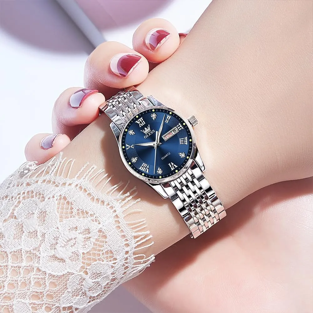 Fashion Simple Ladies Watches with Date Dress Stainless Steel Woman Watch OLEVS Watches for Women lithosphere thread bellows Small Wrist Women��s Watches Waterproof Analog Quartz 