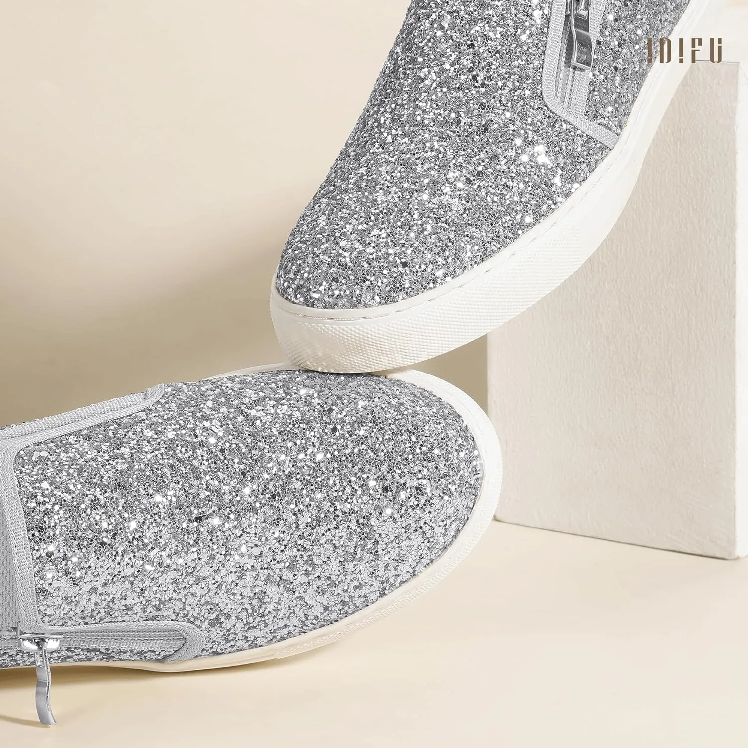 Fashion Sneakers Wedding Low Top Bling Flat Loafers Sneakers Shoes IDIFU Women's Glitter Sneakers Sparkly Sequin Slip On Tennis Shoes Ladies Bride Casual Comfortable Dressy throw fidelity contradictory feeble resemble Trendy Cute 