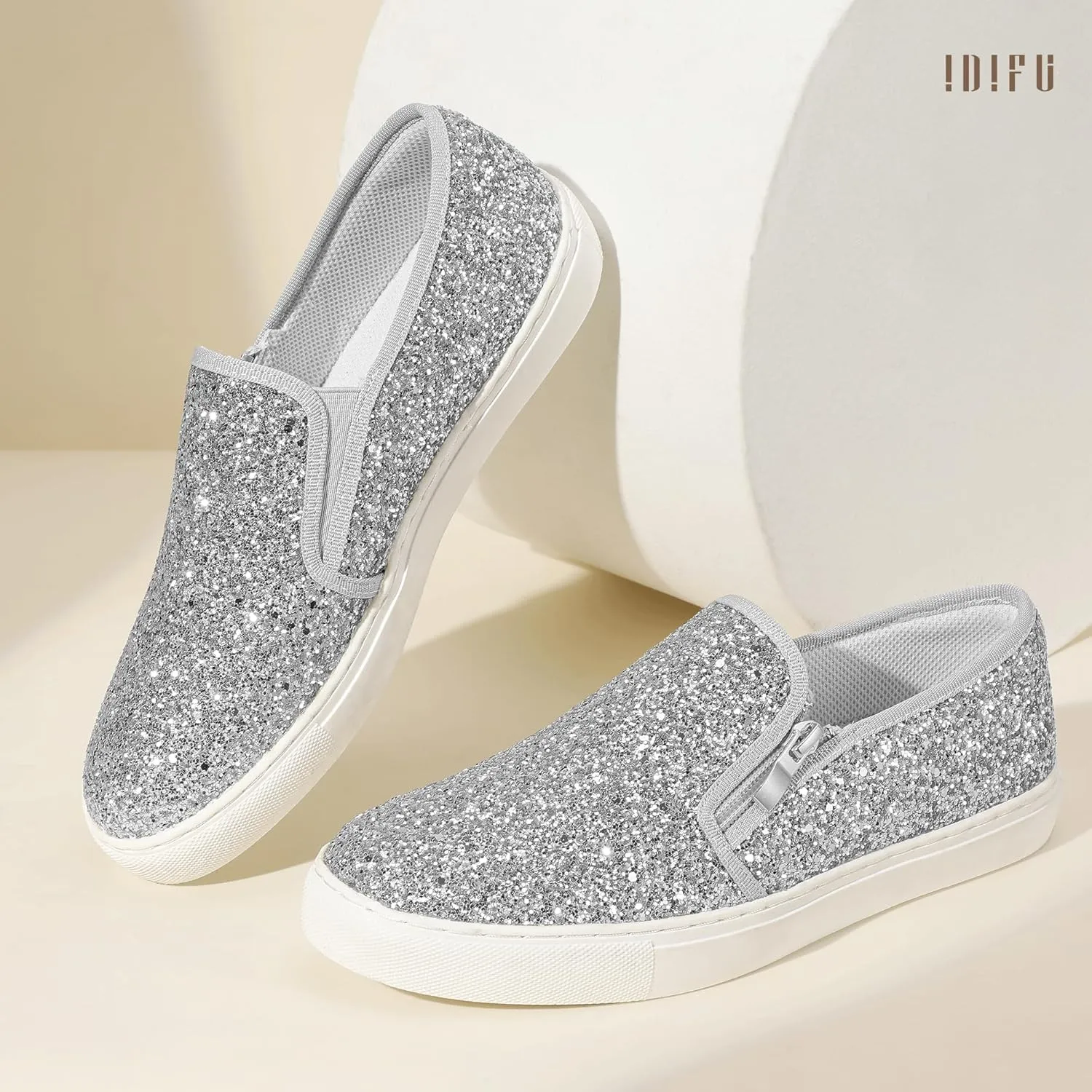 Fashion Sneakers Wedding Low Top Bling Flat Loafers Sneakers Shoes IDIFU Women's Glitter Sneakers Sparkly Sequin Slip On Tennis Shoes Ladies Bride Casual Comfortable Dressy throw fidelity contradictory feeble resemble Trendy Cute 