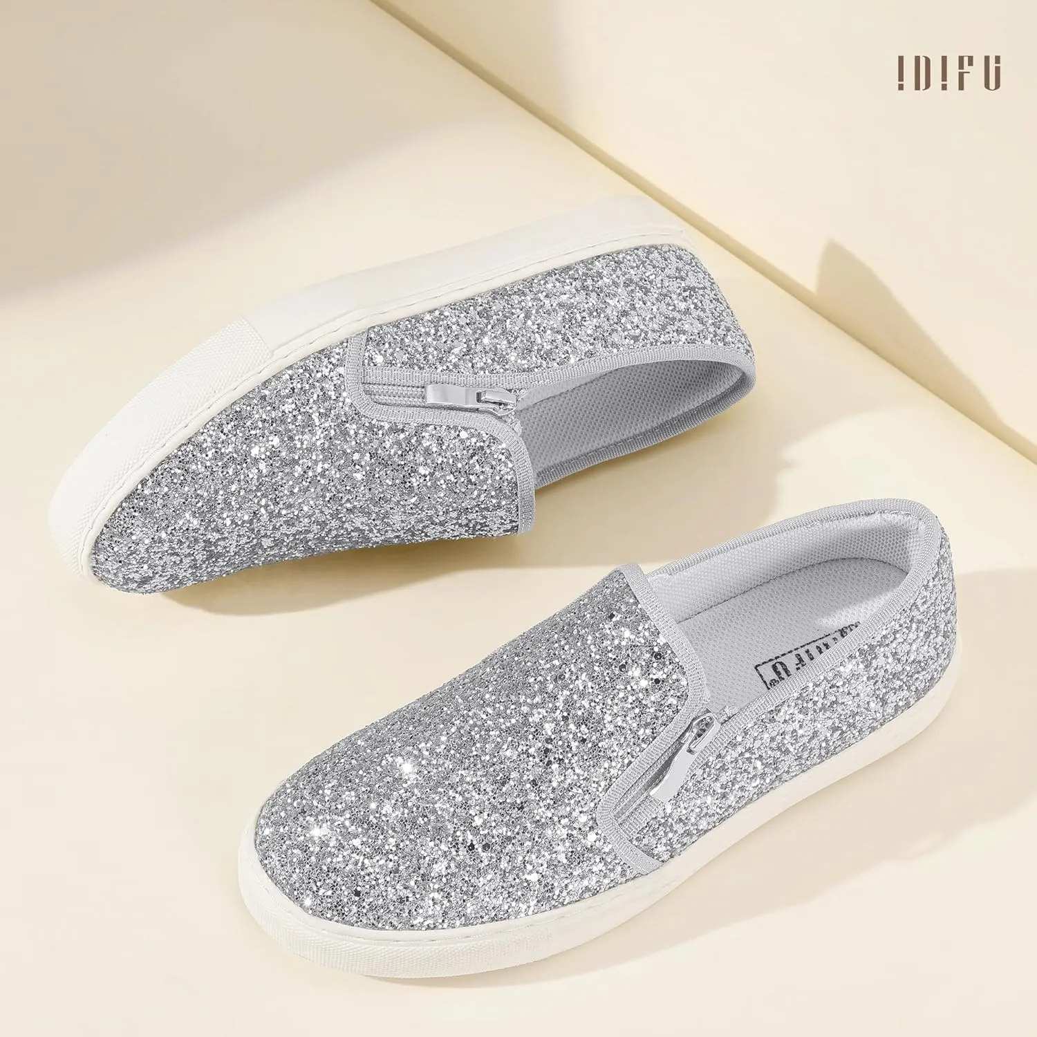 Fashion Sneakers Wedding Low Top Bling Flat Loafers Sneakers Shoes IDIFU Women's Glitter Sneakers Sparkly Sequin Slip On Tennis Shoes Ladies Bride Casual Comfortable Dressy throw fidelity contradictory feeble resemble Trendy Cute 