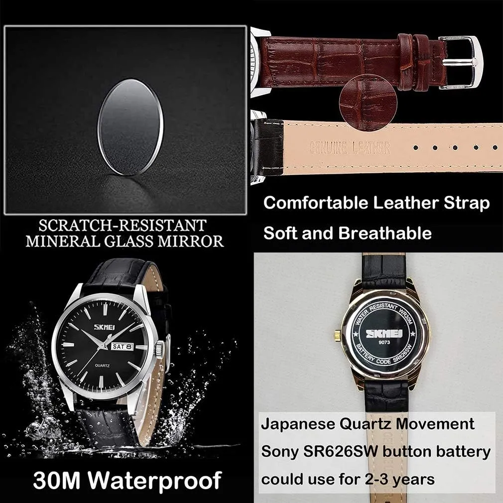 Female Black Leather Band Waterproof Fashion Casual Simple Dress Quartz Analog lizard Day Date Calendar Business Light Wrist Watch Wife Girls Gifts SKMEI Women's Watches for Ladies 