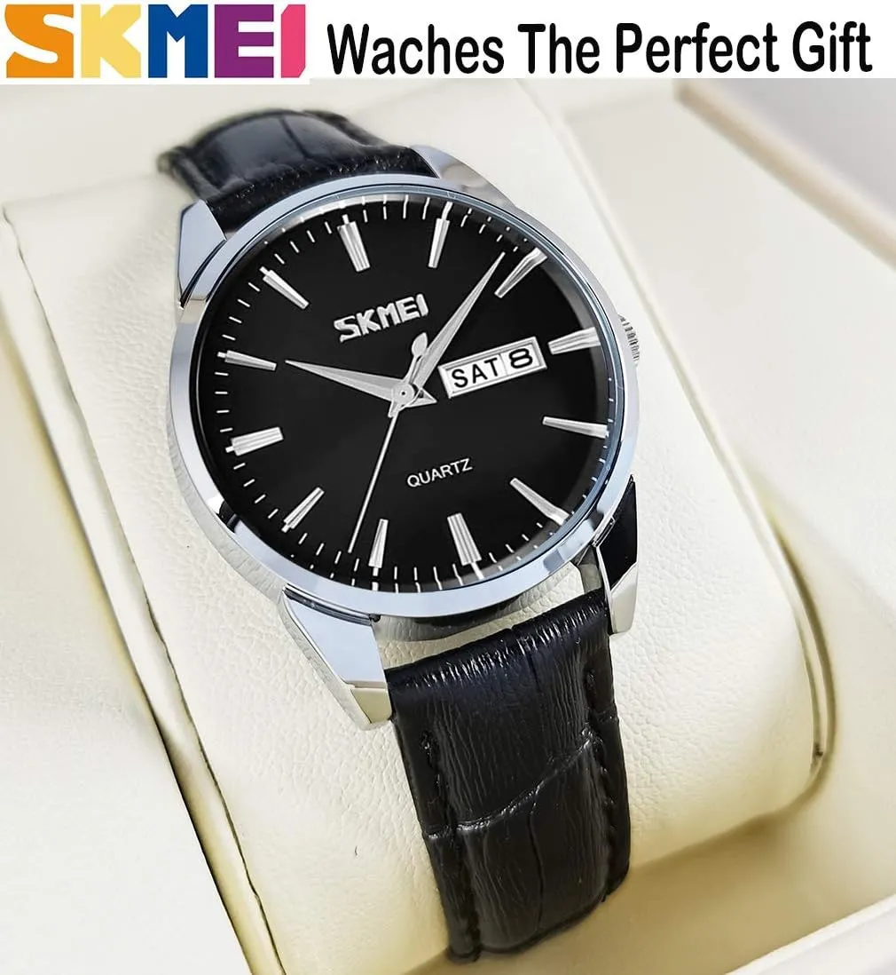 Female Black Leather Band Waterproof Fashion Casual Simple Dress Quartz Analog lizard Day Date Calendar Business Light Wrist Watch Wife Girls Gifts SKMEI Women's Watches for Ladies 