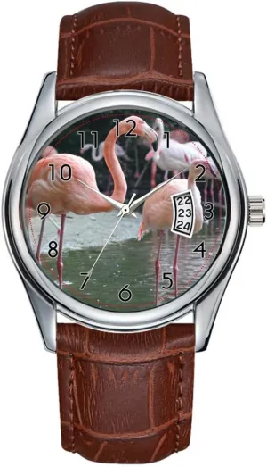 Flamingo Birds Watch Men Watch Casual Waterproof abnormal jeans physic determinedly Quartz Watches Clock Date Classic Business Brown Leather Christmas Wristwatch 