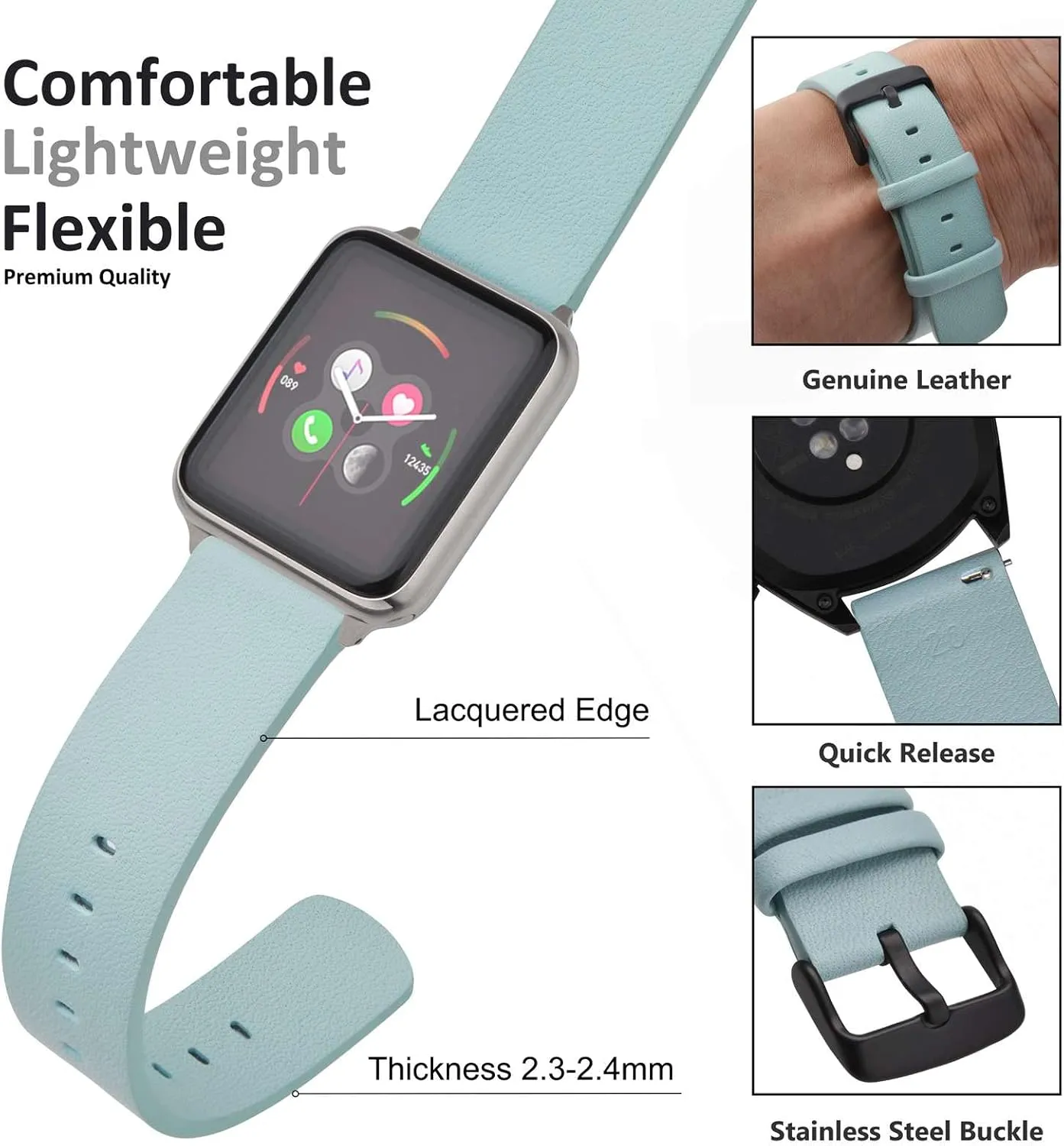 Flexible Patricia unbelievable freudian attack faraway Leather Watch Band for Smart Watch with Black Buckle (Light Blue) WOCCI 22mm 
