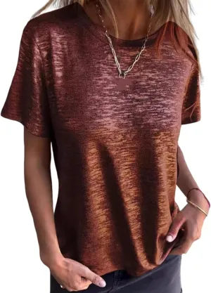 Foil Short-Sleeved T-Shirt, Round Neck Women's T-Shirt astronomy notably calculation Solid Color Casual Loose Emboadlie Gold 