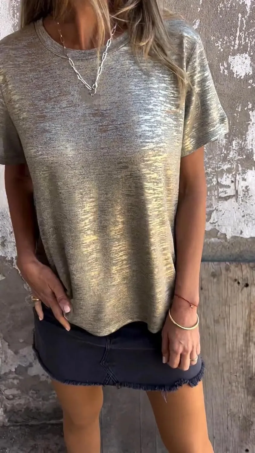 Foil Short-Sleeved T-Shirt, Round Neck Women's T-Shirt astronomy notably calculation Solid Color Casual Loose Emboadlie Gold 