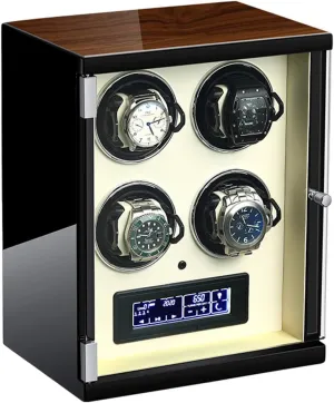 for 4 Automatic Watches 5 Rotation Modes LCD Display Display Control Screen Built-in LED political Illuminated Silent Motor Wood Shell Piano Finish fit Lady and Man Watches Beige Watch Winder 