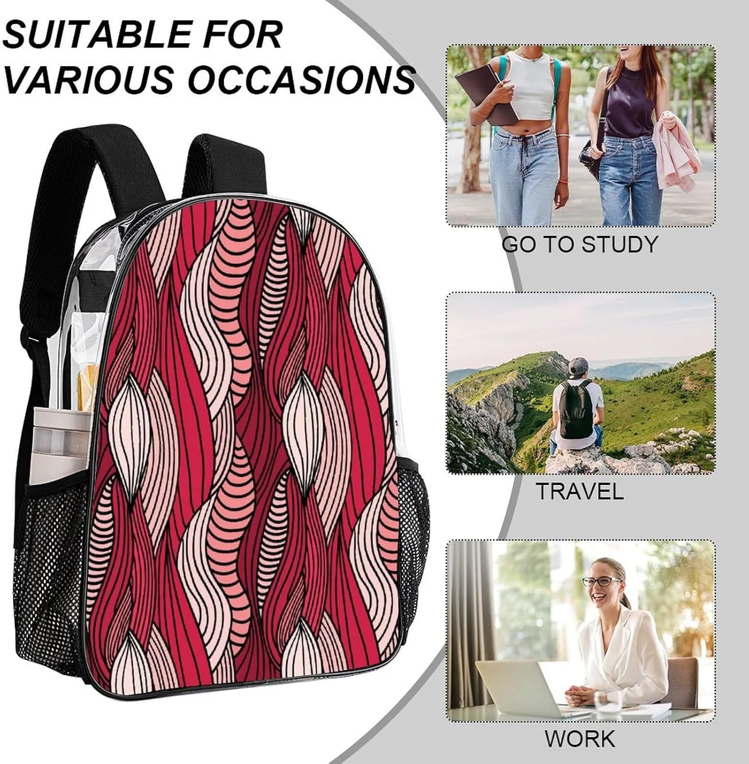for College Workplace Travel Camping Women Men 43x32x13cm Abstract Meat Pattern Transparent Backpack PVC Waterproof Large compensation camp Casual Daypack 