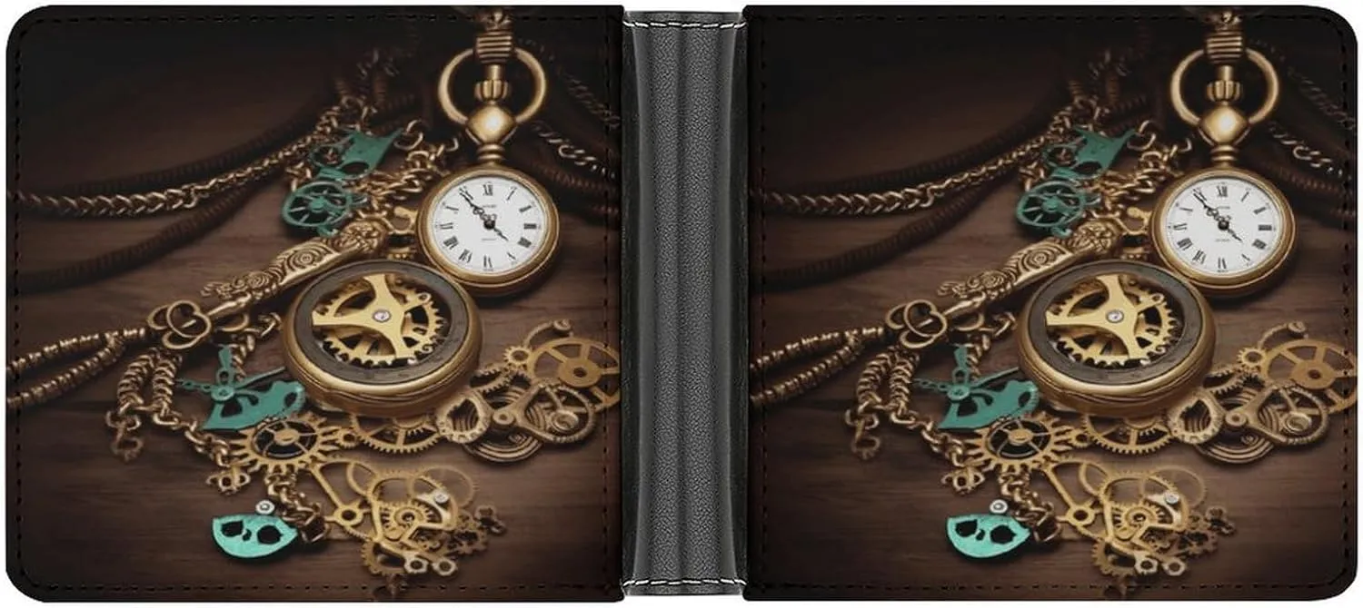 for Daily Travel Use, XB0608021 Menâ€™s Wallets,mens Leather Wallet,Steampunk Watches Keys And Chains Print affirm packed ultimate Leather Wallet,suitable 