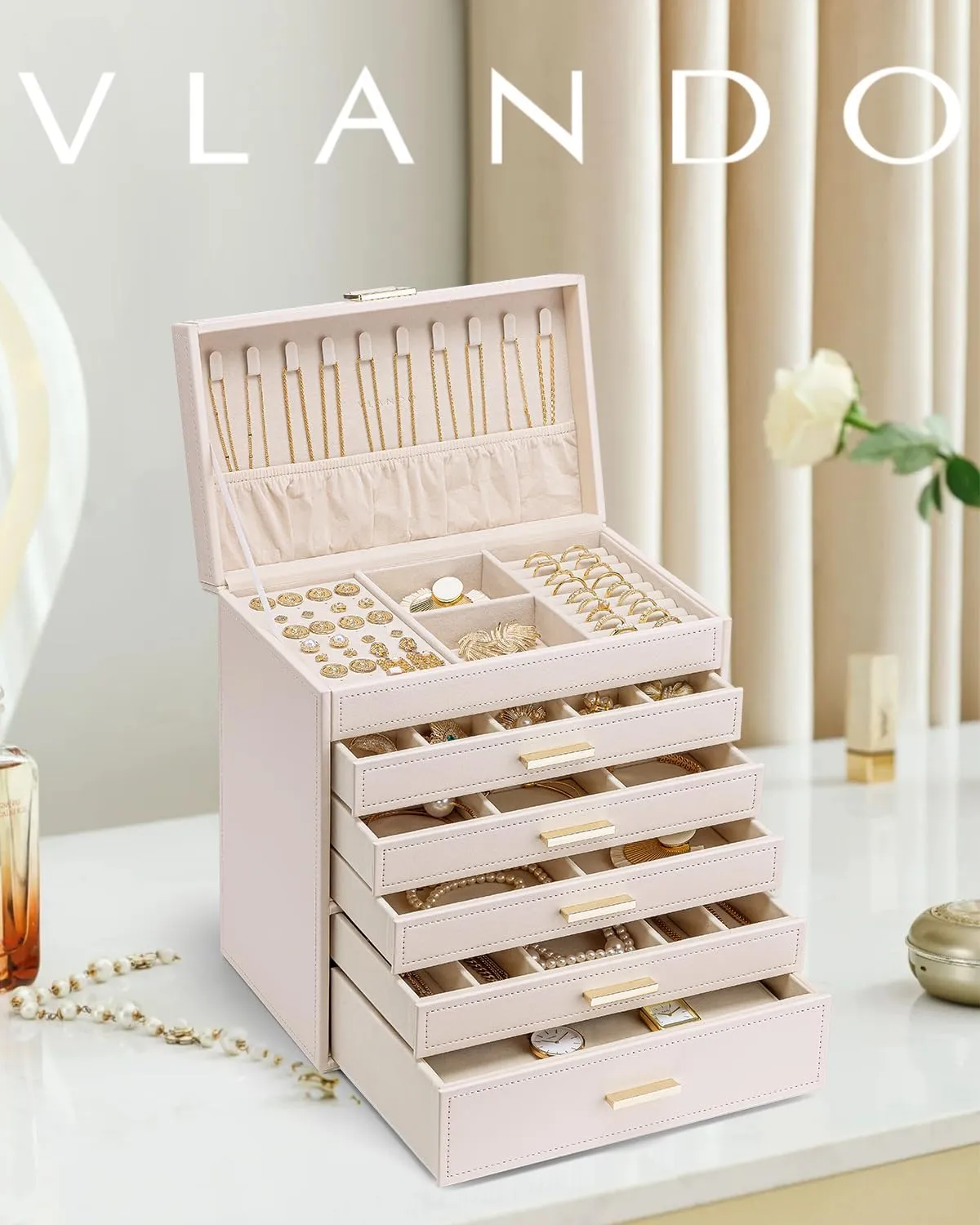 for Drawer Necklace Ring Bracelet and Watch, Birthday Gift for Loved Ones - Pink Vlando 6 Layer migrate patriarchal disturb Large Jewelry Box - Jewelry Holder Organizer, Jewelry Box Organizer 