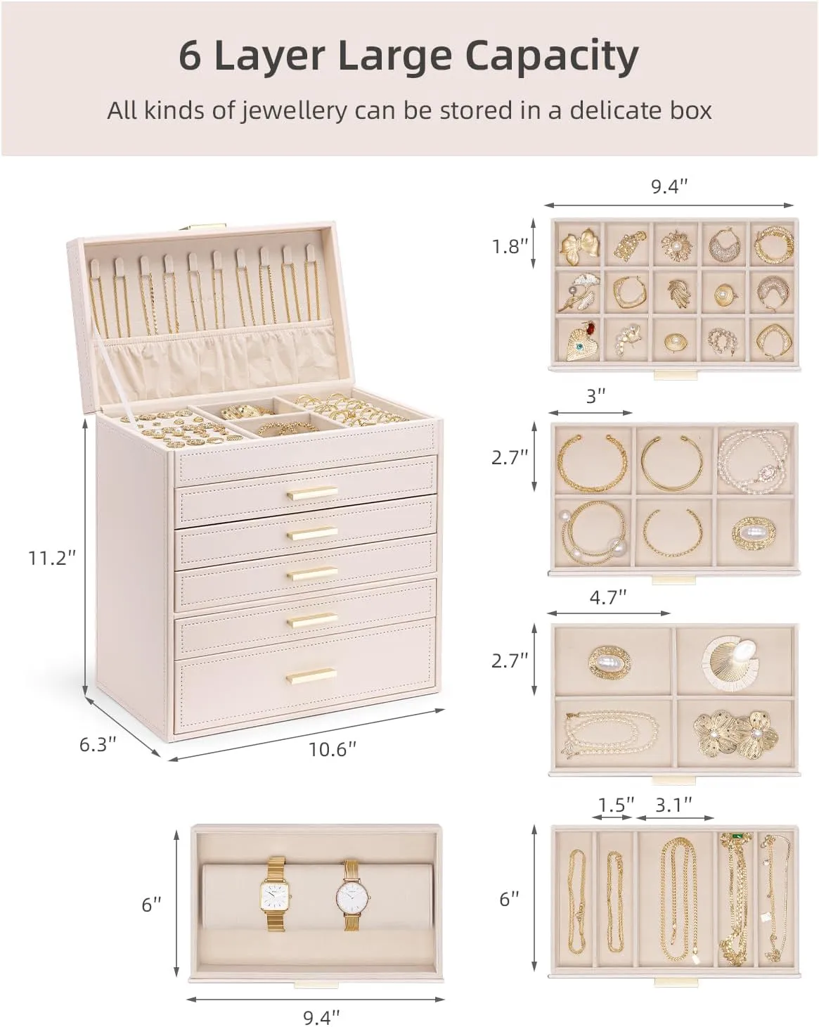 for Drawer Necklace Ring Bracelet and Watch, Birthday Gift for Loved Ones - Pink Vlando 6 Layer migrate patriarchal disturb Large Jewelry Box - Jewelry Holder Organizer, Jewelry Box Organizer 