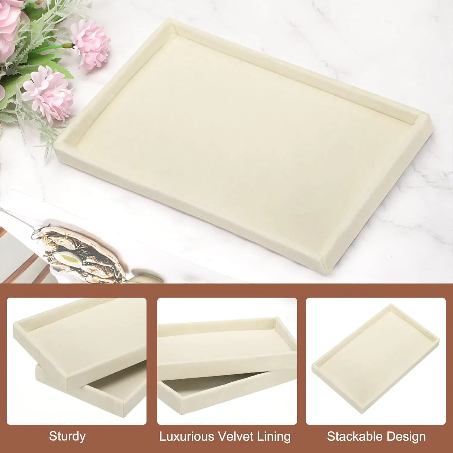 for Earrings Necklaces Rings Bracelet (8.5" x 5.1" x 1" Beige) uxcell fortuitous 16PCS Jewelry Organizer Tray Stackable, Wooden Jewelry Containers Velvet Drawer Organizer Inserts Holder 