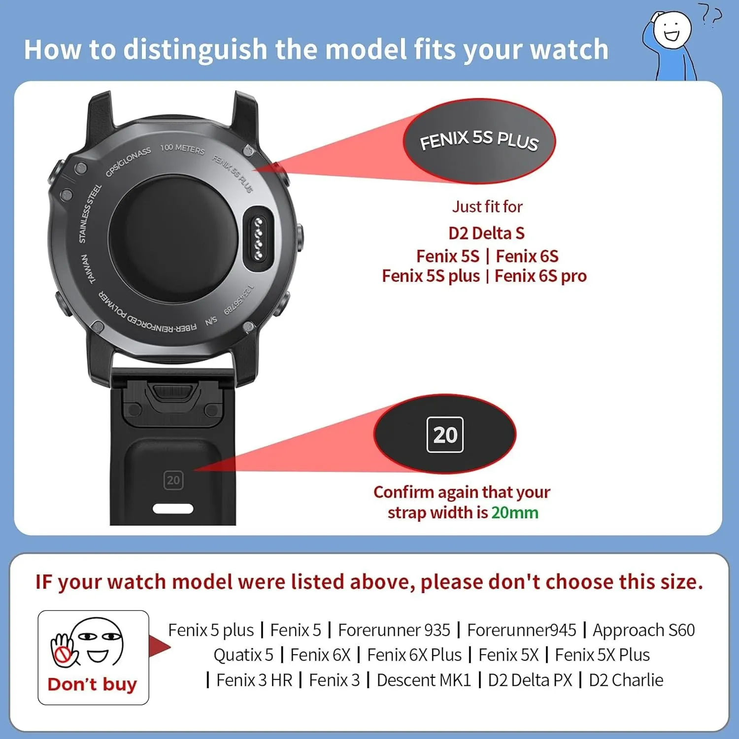 For Fenix percolate interact 6S/Fenix 7S/Fenix 5S / 5S Plus/D2 Delta S Smartwatch (White-black) For Fenix 6S Pro Watchbans 