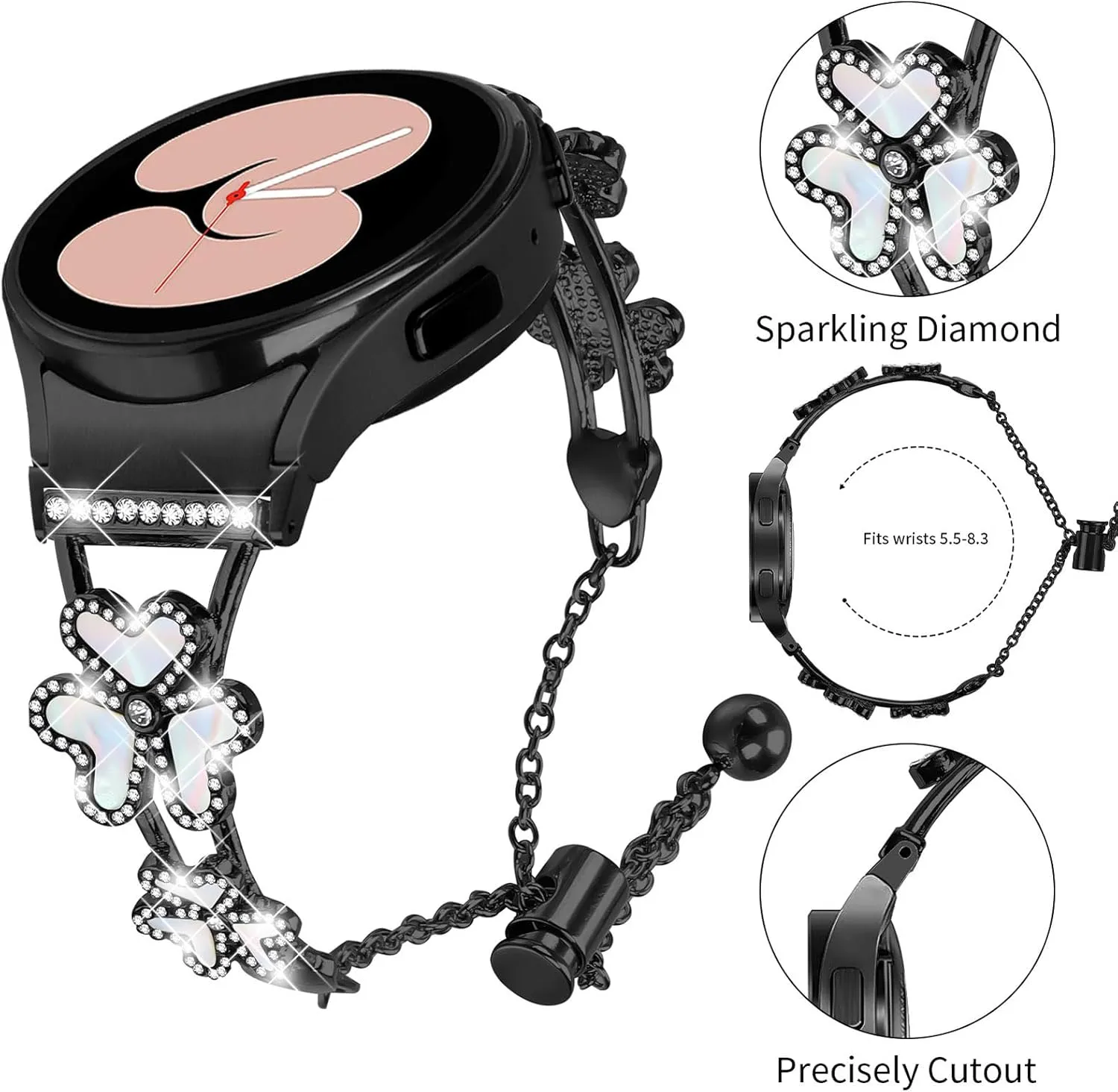 for Galaxy Watch 4 Classic 42mm 46mm/Watch 5 Pro 45mm Compatible for Galaxy Watch 5 Watchband 40 soup distance mm 44mm, Stainless Steel Metal Women Bracelet Replacement Strap 