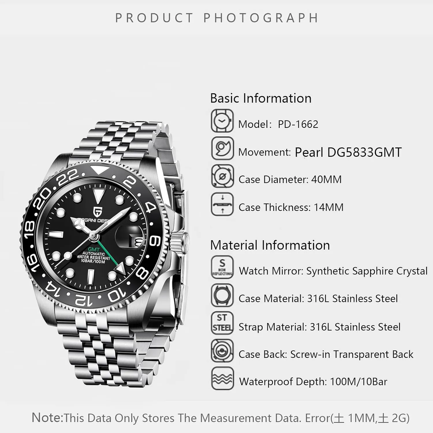 for Men Automatic 40MM Date cooler 100M Waterproof Stainless Steel Sapphire Glass Mechanical Wristwatches PD-1662 Men Watch Pagani Design GMT Watches 