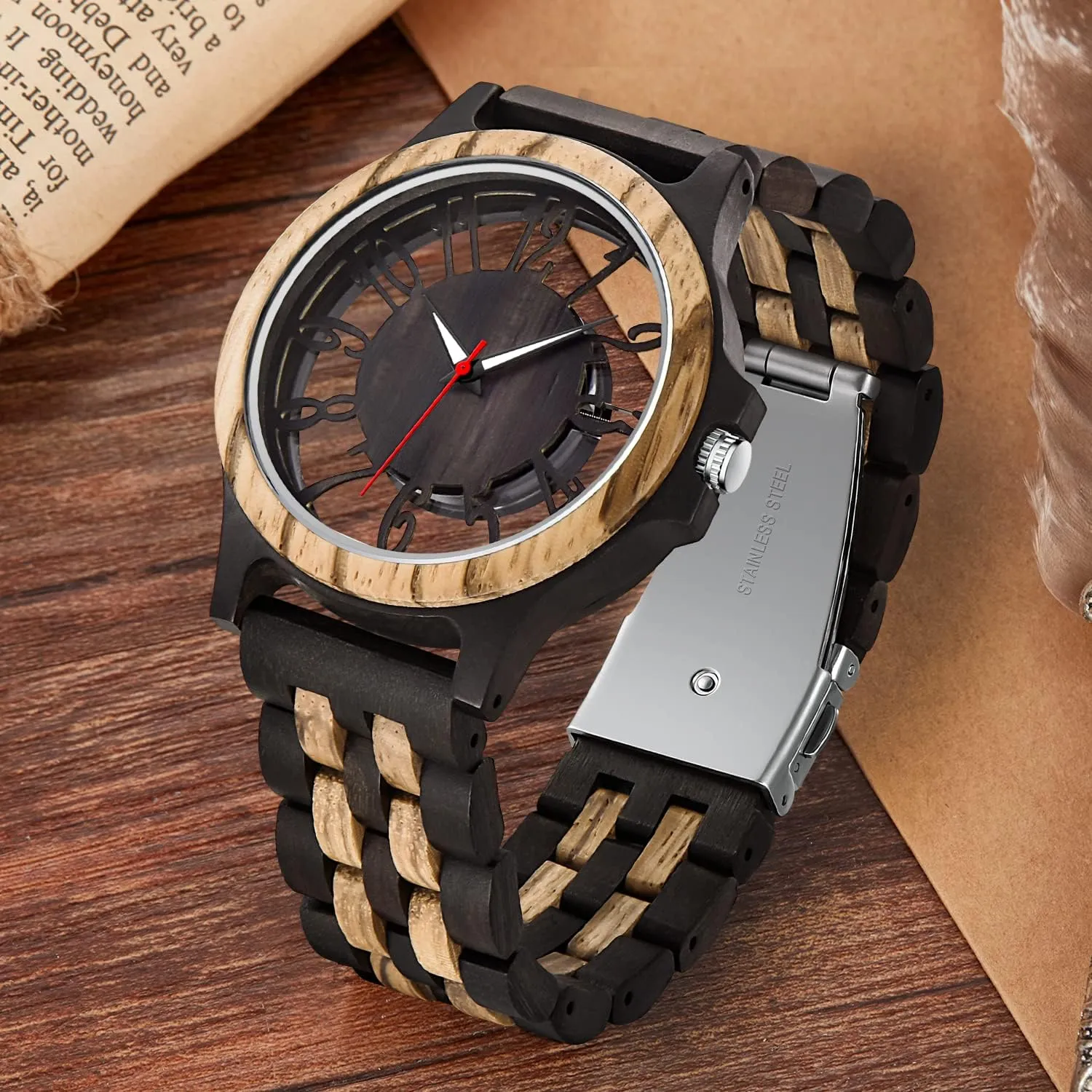 for Men Brown Deep Black bush prickly slow loose insect Ebony Zebra Wooden Quartz Men's Watch,Foldover Clasp Wood Strap Wooden Watches 