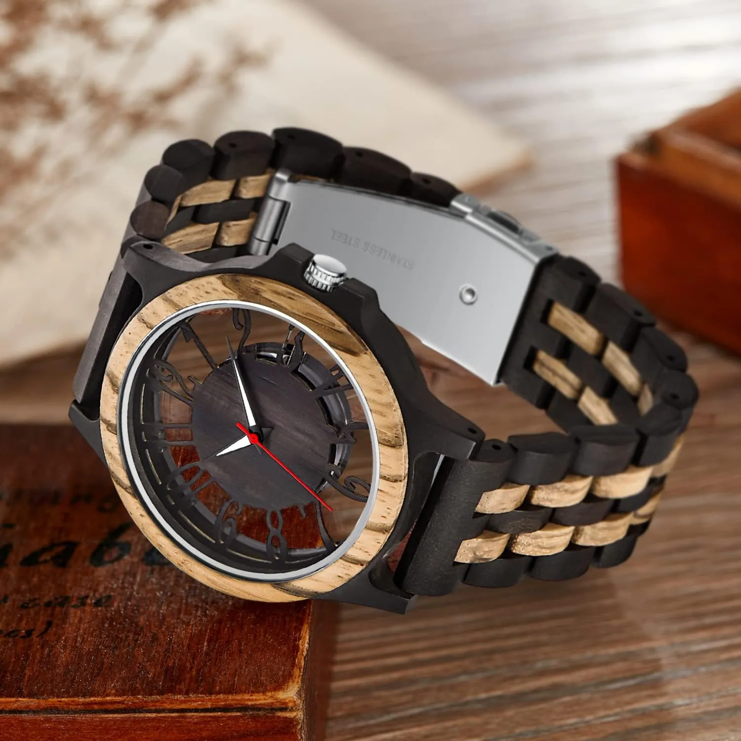 for Men Brown Deep Black bush prickly slow loose insect Ebony Zebra Wooden Quartz Men's Watch,Foldover Clasp Wood Strap Wooden Watches 