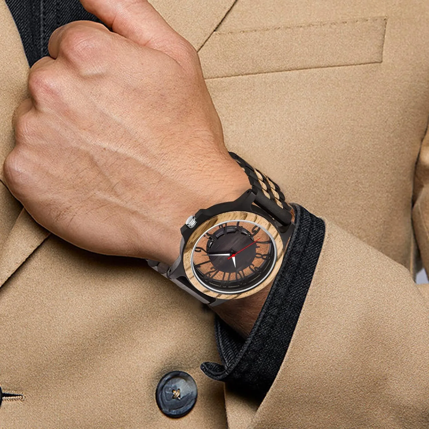 for Men Brown Deep Black bush prickly slow loose insect Ebony Zebra Wooden Quartz Men's Watch,Foldover Clasp Wood Strap Wooden Watches 