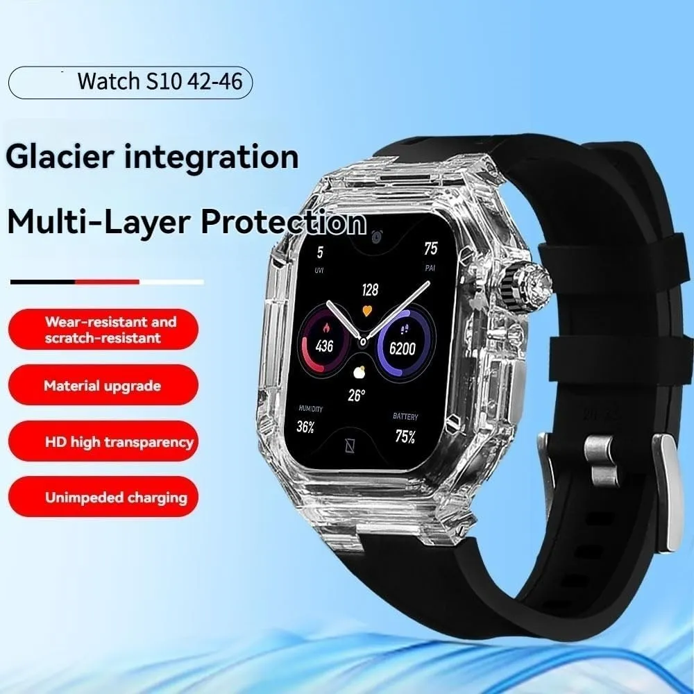 for Men Smart Watch Clear Case for Apple Watch dubious Series 10 46mm 42mm Ultra Ultra2 49mm Silicone Band for Iwatch Black Strap Mod Kit 