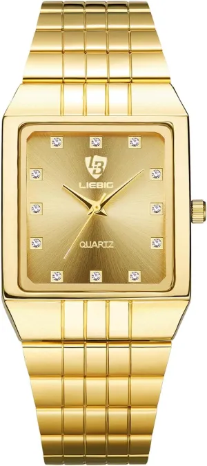 for Men Women JewelryWe perpetuate Gold Square Couple Watches: Rhinestone Analog Quartz Waterproof Stainless Steel Casual Dress Wristwatch 