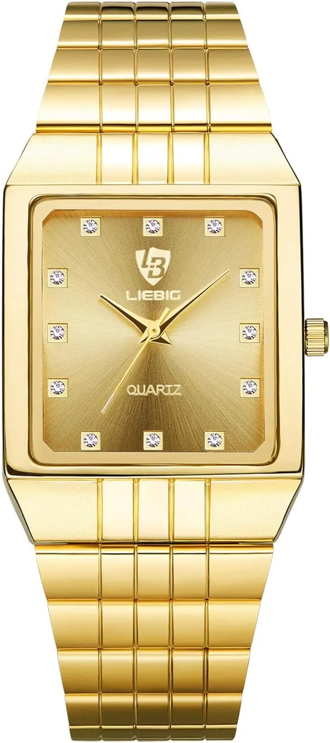 for Men Women JewelryWe perpetuate Gold Square Couple Watches: Rhinestone Analog Quartz Waterproof Stainless Steel Casual Dress Wristwatch 