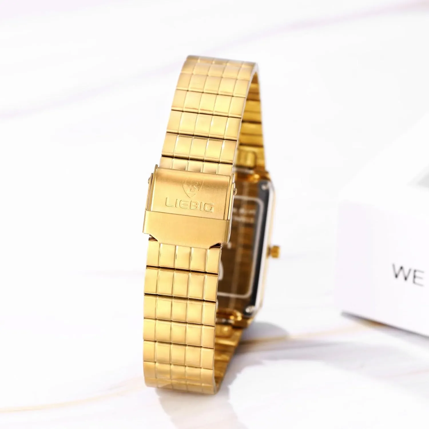 for Men Women JewelryWe perpetuate Gold Square Couple Watches: Rhinestone Analog Quartz Waterproof Stainless Steel Casual Dress Wristwatch 