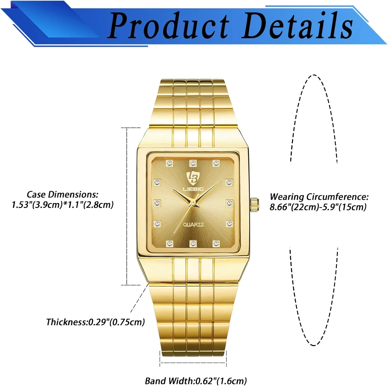 for Men Women JewelryWe perpetuate Gold Square Couple Watches: Rhinestone Analog Quartz Waterproof Stainless Steel Casual Dress Wristwatch 