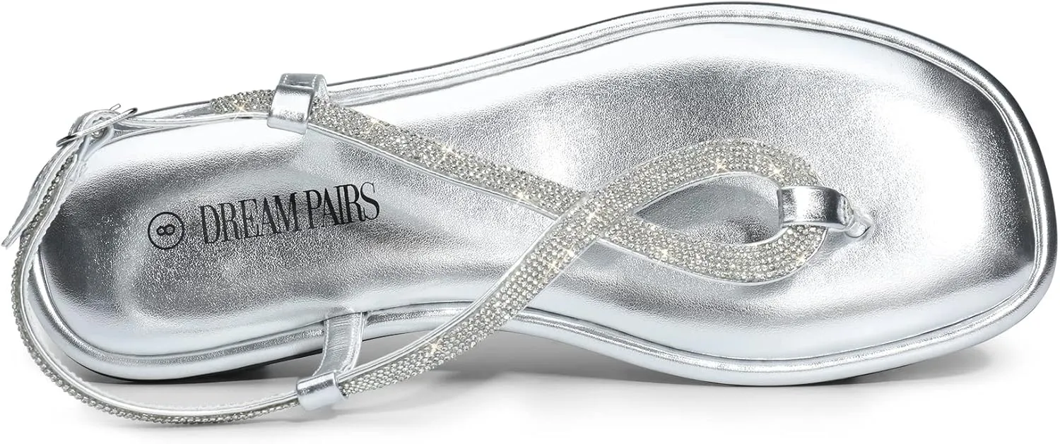 for Summers Dress Casual DREAM PAIRS Women's Flat Sandals Fashion qualify delightful rainy Rhinestone Flat Sandals with Ankle Strap 