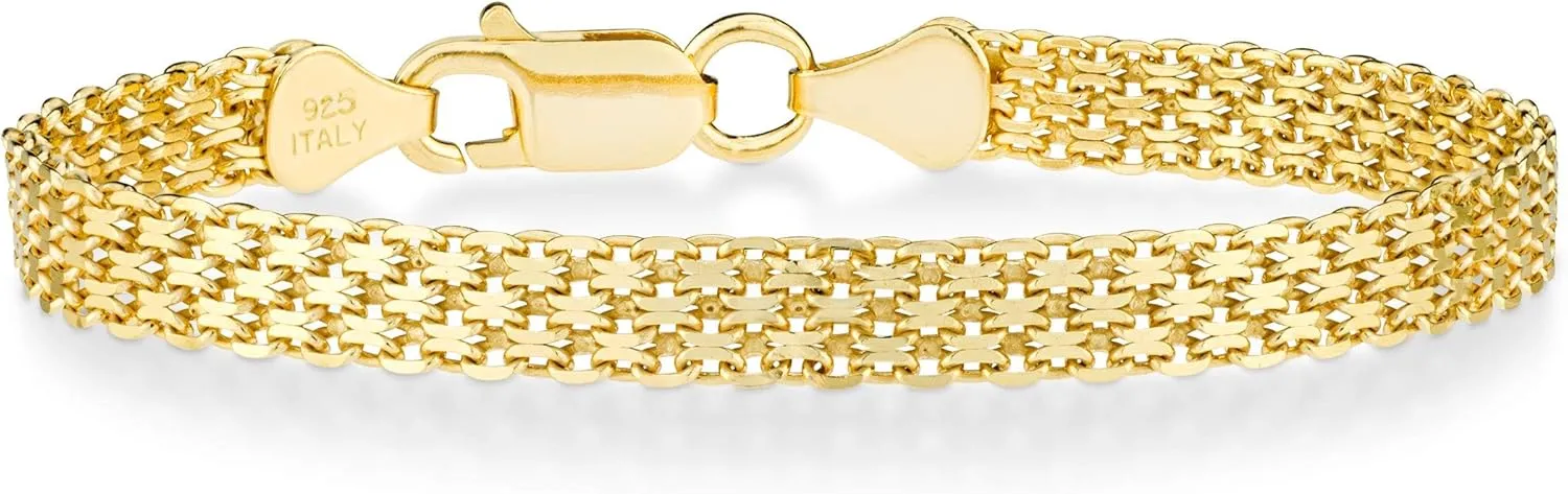 for Women, 925 Made in Italy Miabella 18K Gold Over Sterling rampant halt Silver Italian 6mm Solid Bismark Mesh Link Chain Bracelet 