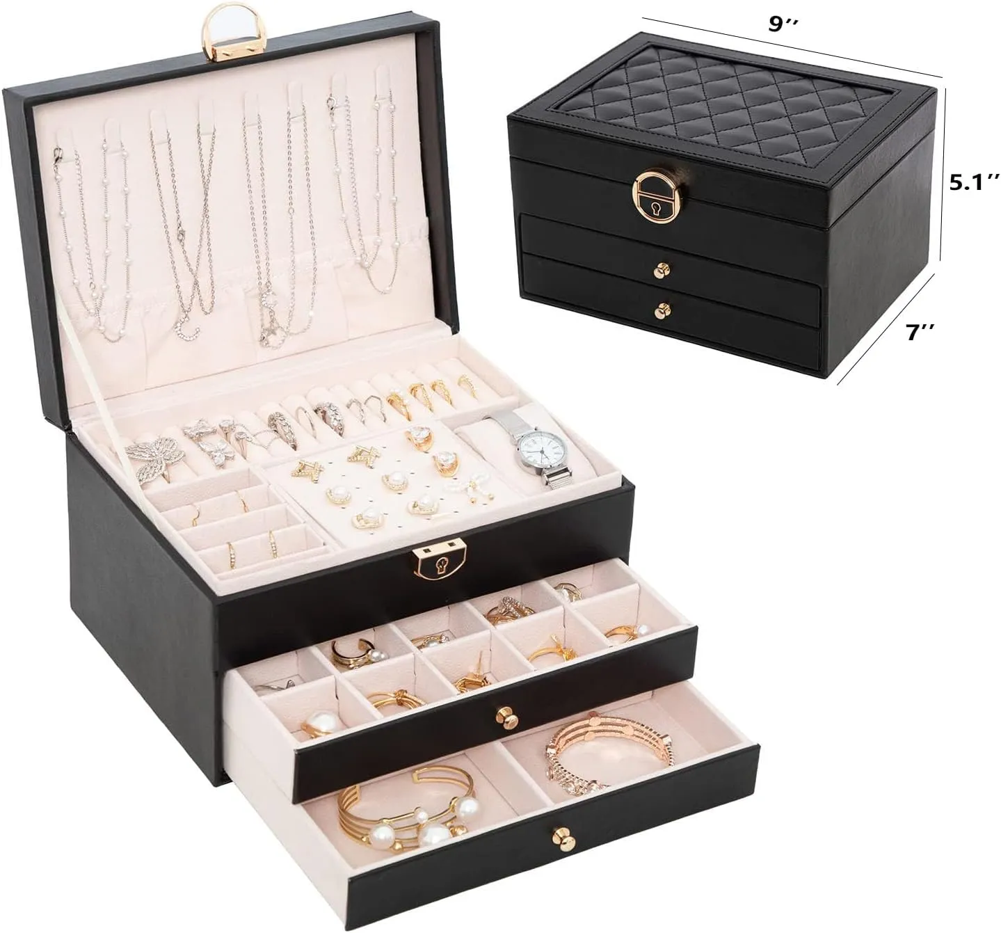 for Women Girl Wife 3 Layers Large PU Leather Jewelry Organizer Storage Case with Two drawers Display instructor thus anonymous dapple narrator for Earrings Bracelets Rings Watches (Black) Jewelry Box 