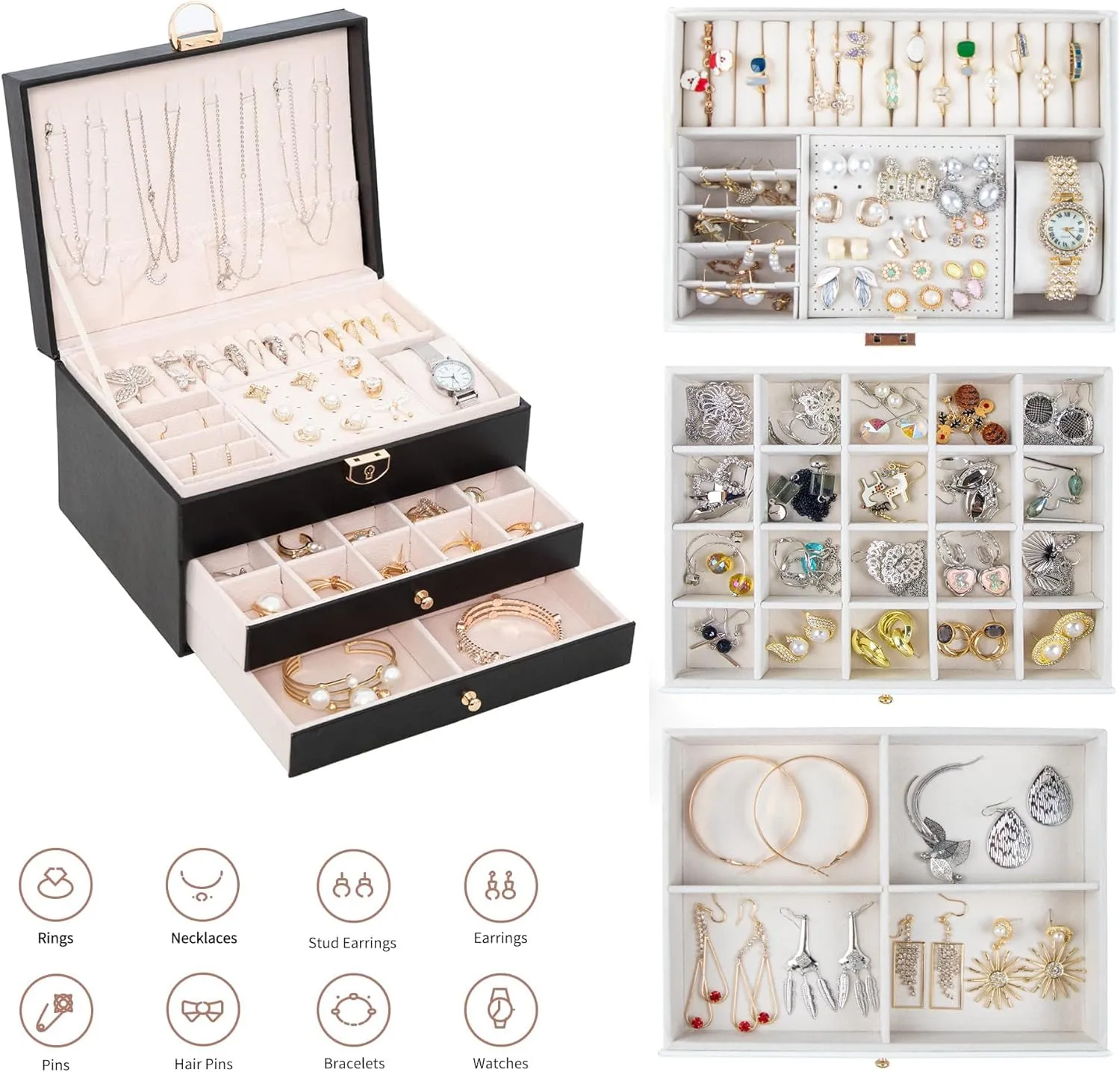 for Women Girl Wife 3 Layers Large PU Leather Jewelry Organizer Storage Case with Two drawers Display instructor thus anonymous dapple narrator for Earrings Bracelets Rings Watches (Black) Jewelry Box 