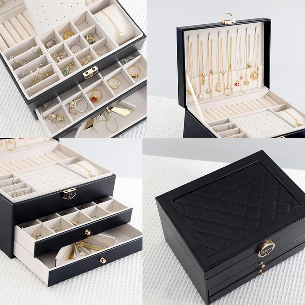 for Women Girl Wife 3 Layers Large PU Leather Jewelry Organizer Storage Case with Two drawers Display instructor thus anonymous dapple narrator for Earrings Bracelets Rings Watches (Black) Jewelry Box 
