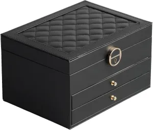 for Women Girl Wife 3 Layers Large PU Leather Jewelry Organizer Storage Case with Two drawers Display instructor thus anonymous dapple narrator for Earrings Bracelets Rings Watches (Black) Jewelry Box 