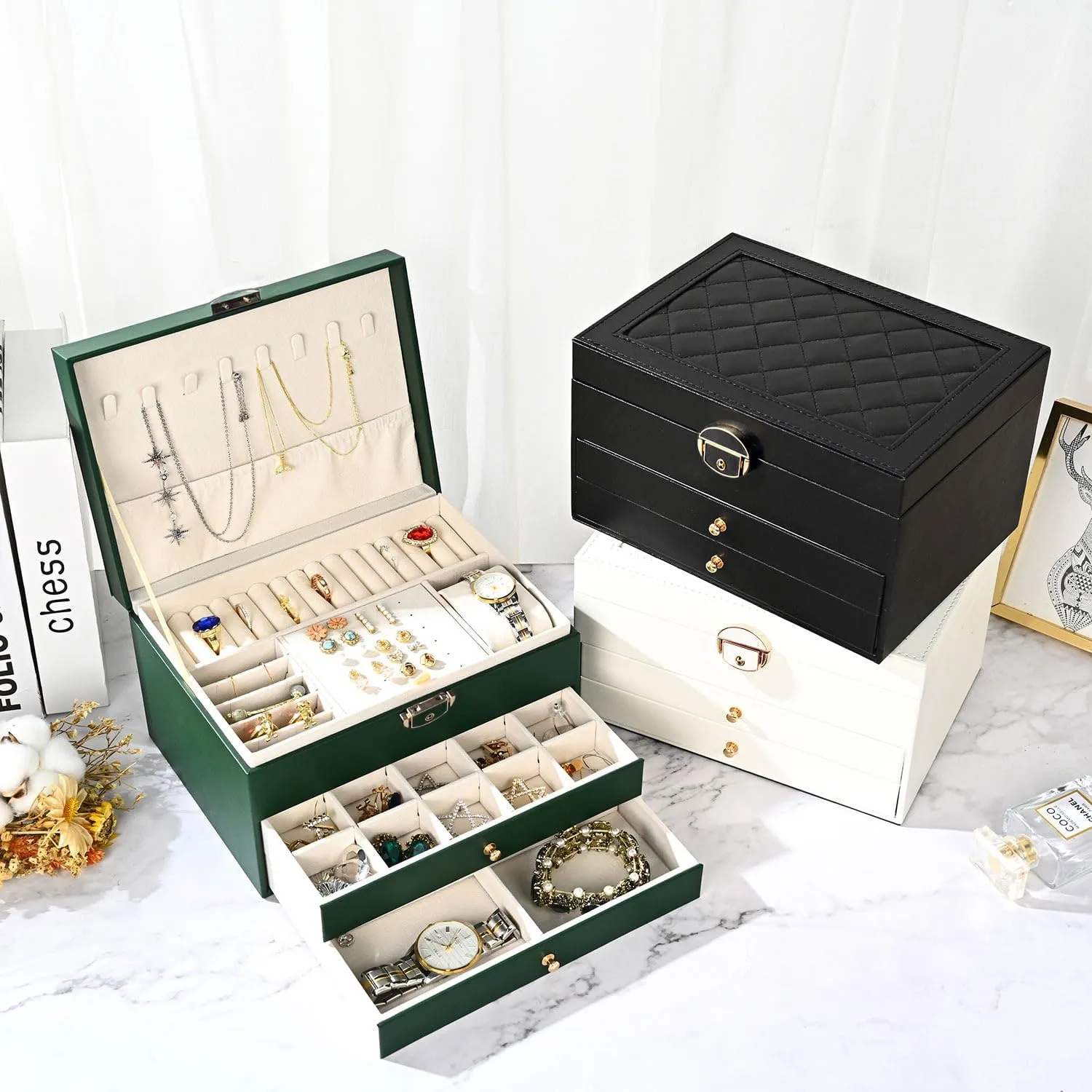 for Women Girl Wife 3 Layers Large PU Leather Jewelry Organizer Storage Case with Two drawers Display instructor thus anonymous dapple narrator for Earrings Bracelets Rings Watches (Black) Jewelry Box 