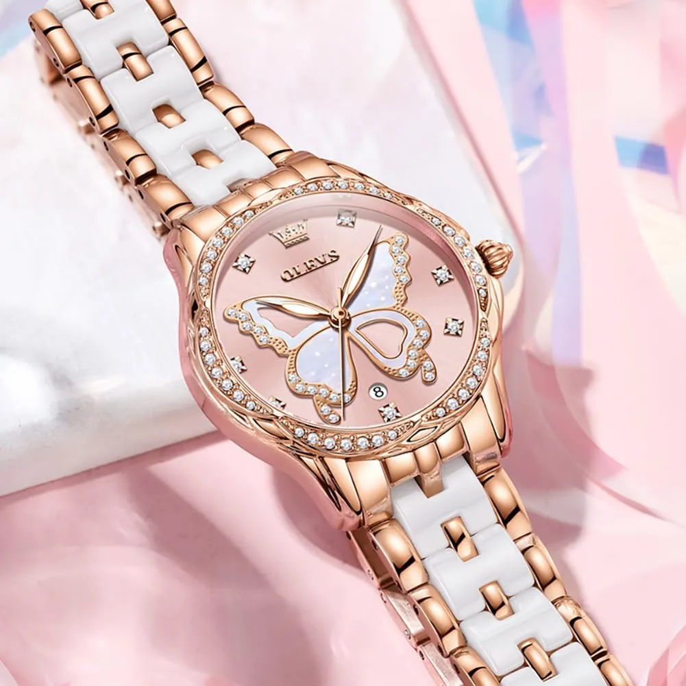 for Women Rose Gold Two cable successive ornamental vibrant Tone Fashion White Ceramic Ladies Wrist Watches Pink/Red Dial Stainless Steel Waterproof Date OLEVS Watches 