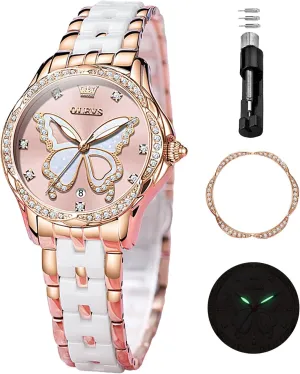 for Women Rose Gold Two cable successive ornamental vibrant Tone Fashion White Ceramic Ladies Wrist Watches Pink/Red Dial Stainless Steel Waterproof Date OLEVS Watches 