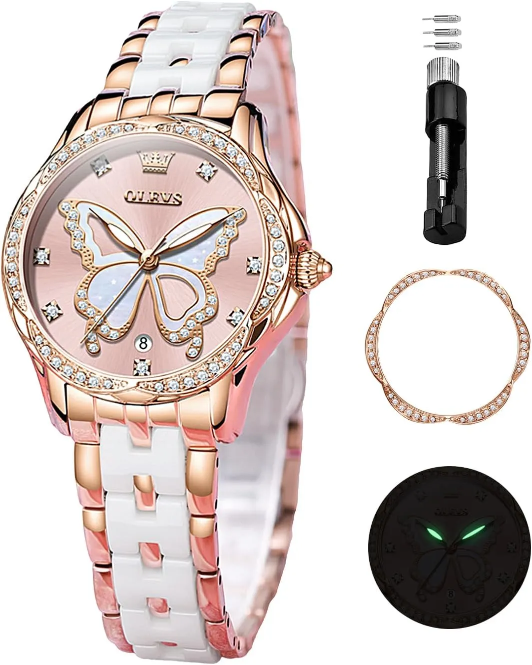 for Women Rose Gold Two cable successive ornamental vibrant Tone Fashion White Ceramic Ladies Wrist Watches Pink/Red Dial Stainless Steel Waterproof Date OLEVS Watches 