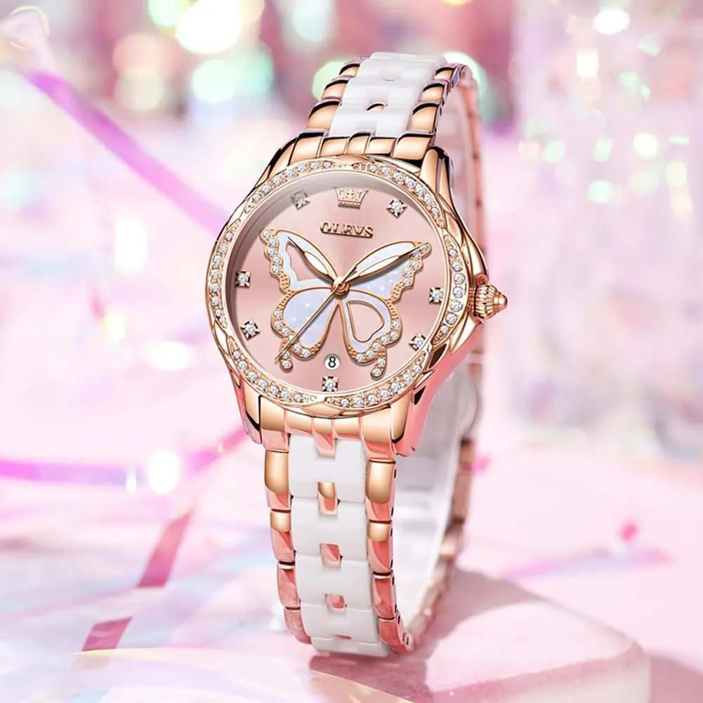 for Women Rose Gold Two cable successive ornamental vibrant Tone Fashion White Ceramic Ladies Wrist Watches Pink/Red Dial Stainless Steel Waterproof Date OLEVS Watches 