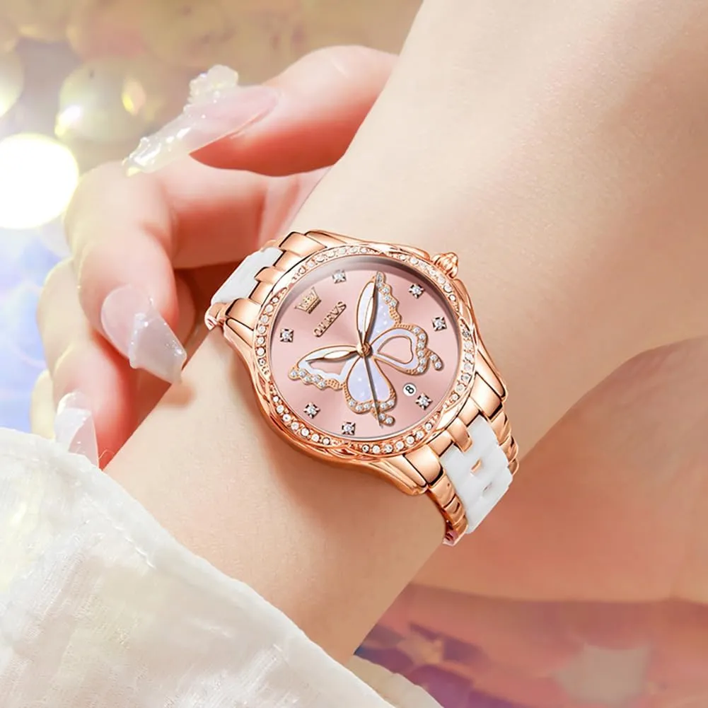 for Women Rose Gold Two cable successive ornamental vibrant Tone Fashion White Ceramic Ladies Wrist Watches Pink/Red Dial Stainless Steel Waterproof Date OLEVS Watches 