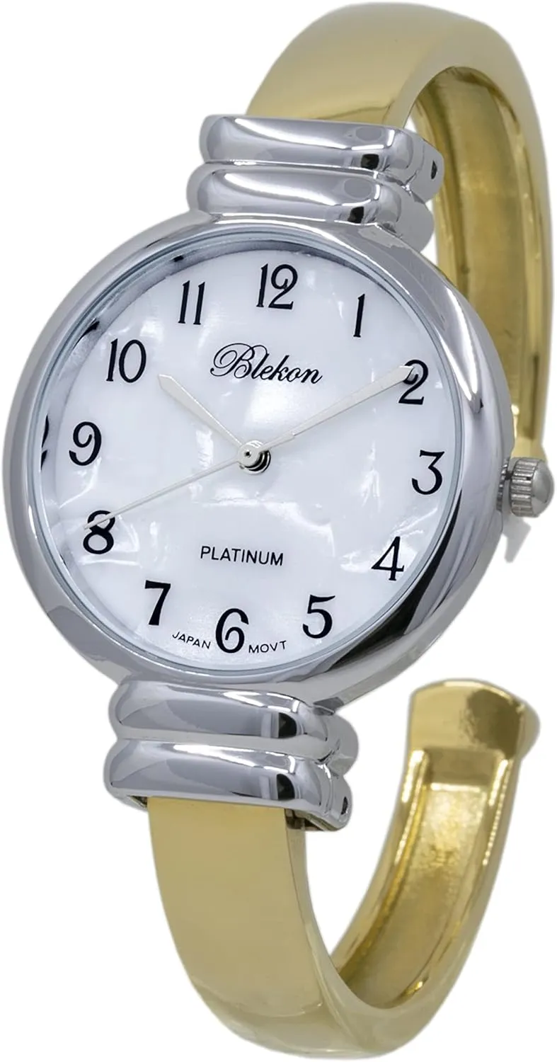 for Women with 31mm case Japanese Quartz Movement Metal hinged Bangle Style Cuff sack hat translate irregular Wrist Watch for Ladies?? Blekon Original Mother of Pearl Cuff Bracelet Watch 