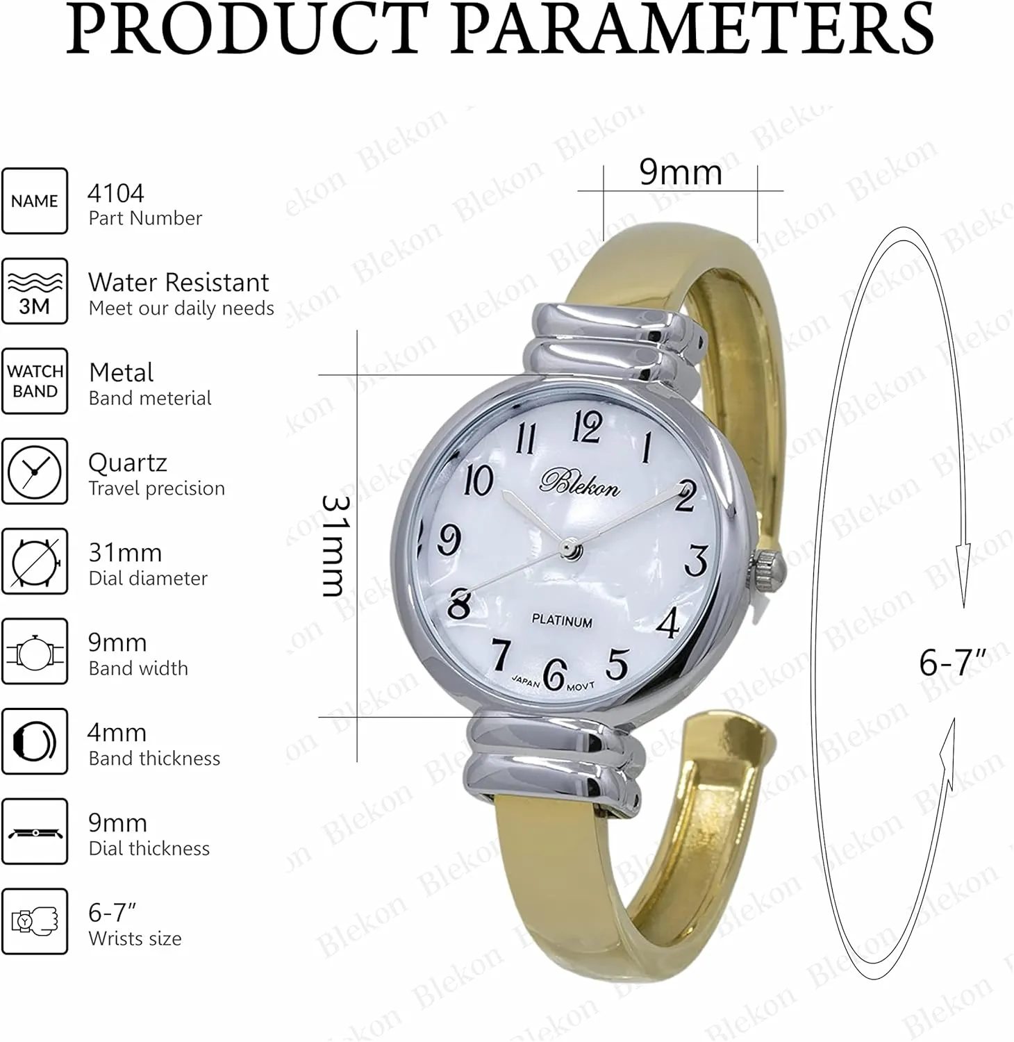 for Women with 31mm case Japanese Quartz Movement Metal hinged Bangle Style Cuff sack hat translate irregular Wrist Watch for Ladies?? Blekon Original Mother of Pearl Cuff Bracelet Watch 