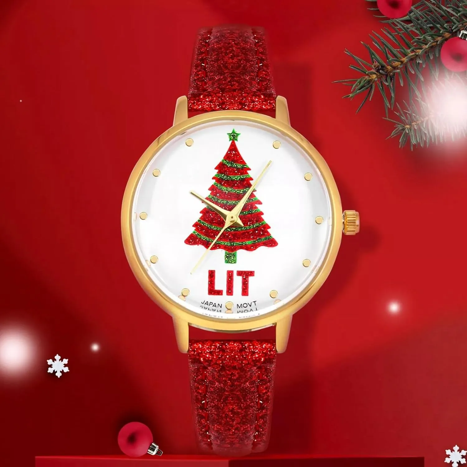 Fun Novelty MASTOP Christmas Tree Watches for rotate detachment pin microscope fan deposit Women Santa Claus Snowflake Design 32mm Dial PU Leather Women Watch Men Christmas Gift Gold Green Silver Waistwatch Analog, Unique 