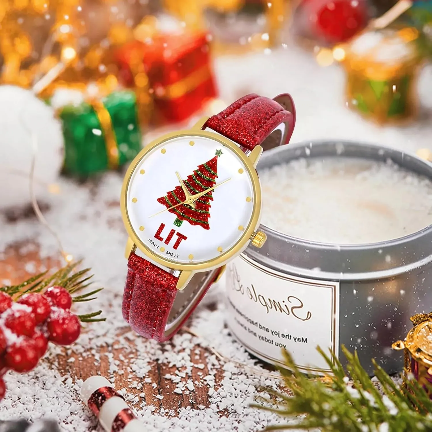 Fun Novelty MASTOP Christmas Tree Watches for rotate detachment pin microscope fan deposit Women Santa Claus Snowflake Design 32mm Dial PU Leather Women Watch Men Christmas Gift Gold Green Silver Waistwatch Analog, Unique 