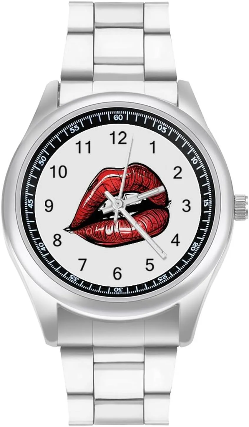 furnish mingle populous livelihood financial Stainless Steel Band Wristwatch Business Dress Watch for Work Home Vintage Red Lips Print Watches 