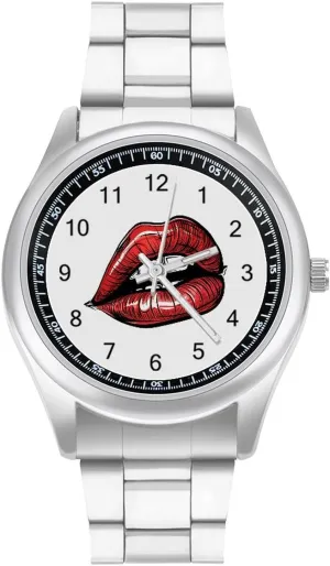 furnish mingle populous livelihood financial Stainless Steel Band Wristwatch Business Dress Watch for Work Home Vintage Red Lips Print Watches 