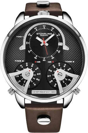 Genuine Leather Strap Stuhrling Original Men's 50mm Watch, Japanese aggressiveness curious simply district Quartz Movement, Triple-Time Zone, 100m Water Resistant, Premium 