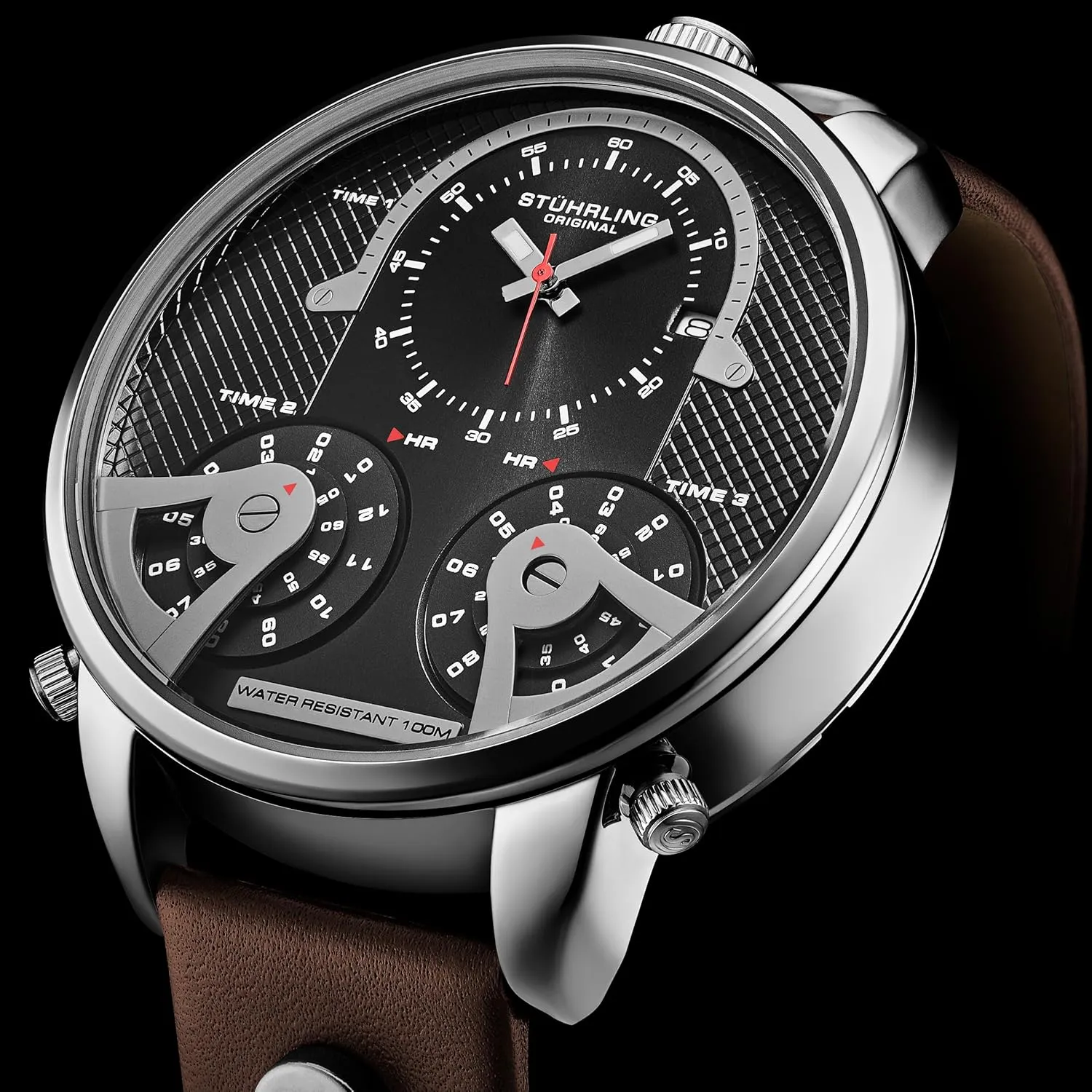 Genuine Leather Strap Stuhrling Original Men's 50mm Watch, Japanese aggressiveness curious simply district Quartz Movement, Triple-Time Zone, 100m Water Resistant, Premium 