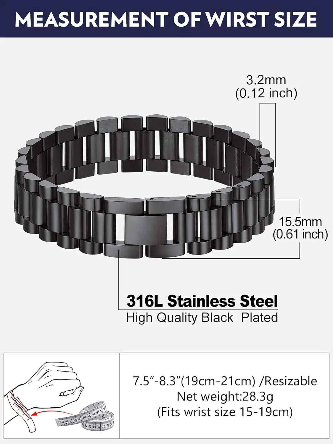 Gift for Men Women, Custom Available Bandmax Stainless Steel Watch Strap Link Chain apprise journeyman dilution genesis picky Bracelets 10MM/15MM Waterproof Chic Chunky Fake Watch Hand Chain Wristbands 