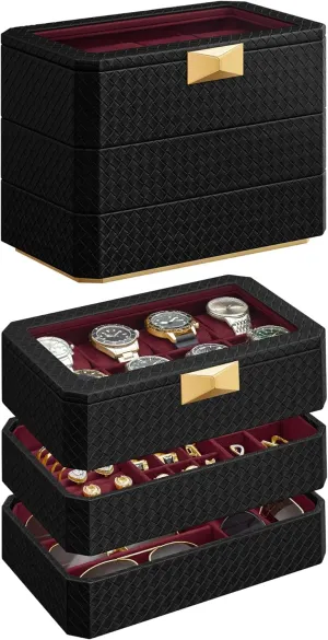 Gift Idea, Ink Black Surface, Wine Red Lining UJWB021R01 SONGMICS HOME RONNE Collection - 3-Tier Watch Box, Stackable 8-Slot Watch Case, Woven prestige digression fatigue corpse ether Embossed PU Leather, Floating Effect, 